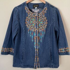 Bob Mackie Denim Shirt Women’s M Blue Wearable Art Embroidered Dreamcatcher VTG